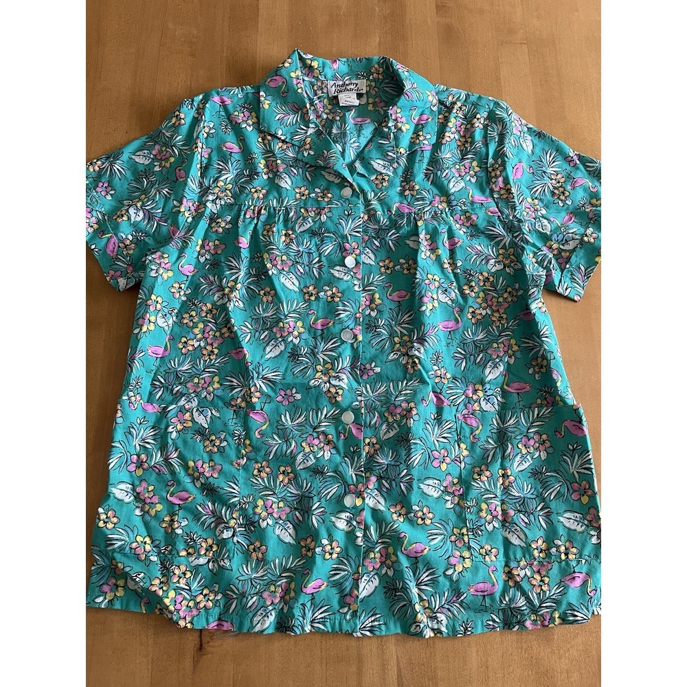Vtg Anthony Richards Flamingo Tropical Floral Button Shirt Womens L Hawaiian